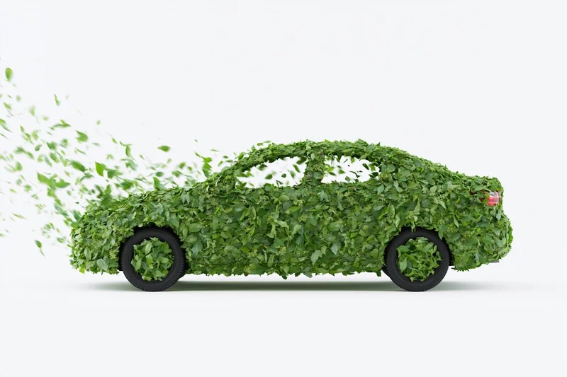 Sedan car covered in green leaves with foliage blowing from rear on white background