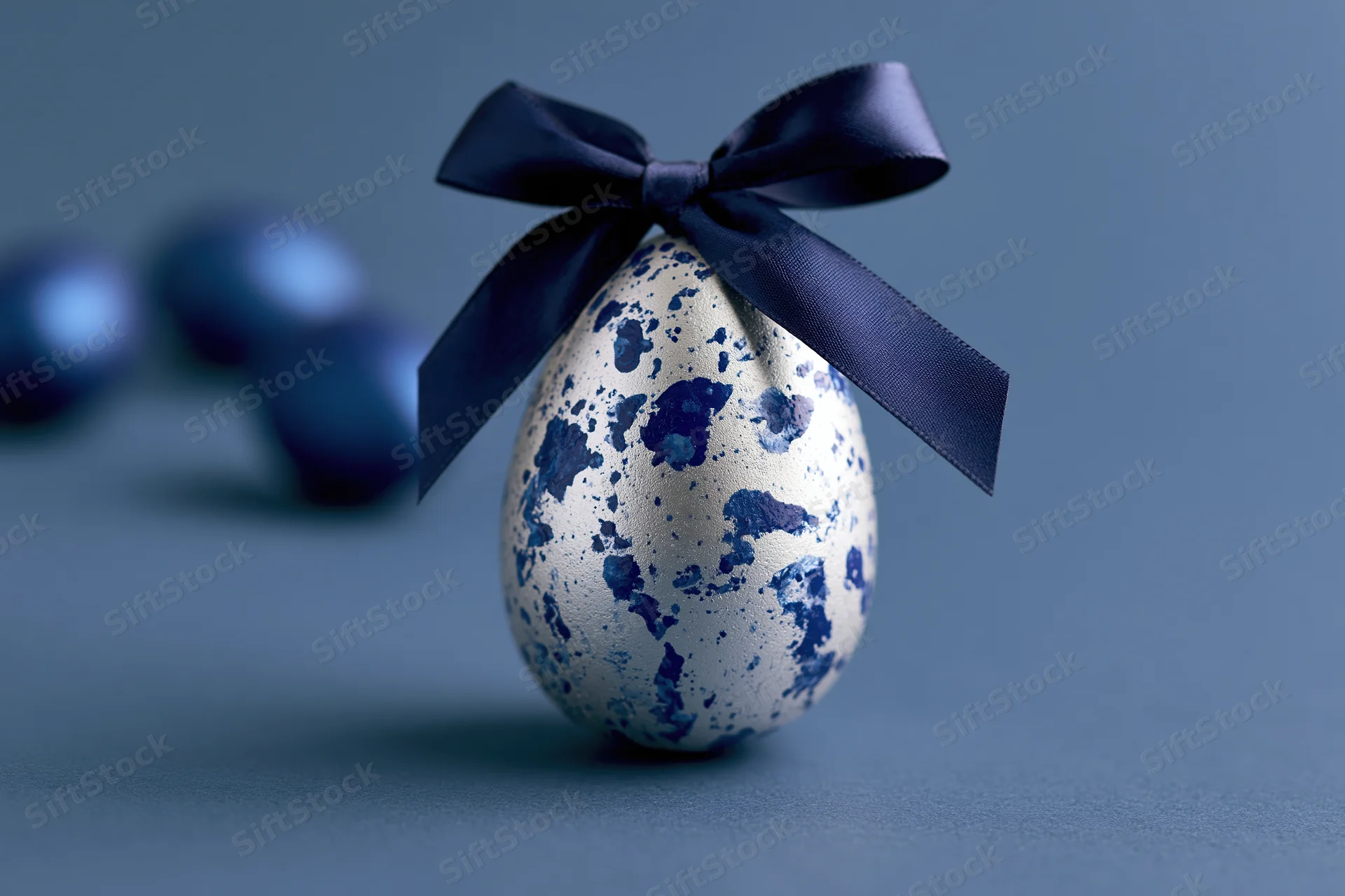 Silver easter egg with blue marbled paint splatters tied with a navy ribbon on a blue surface