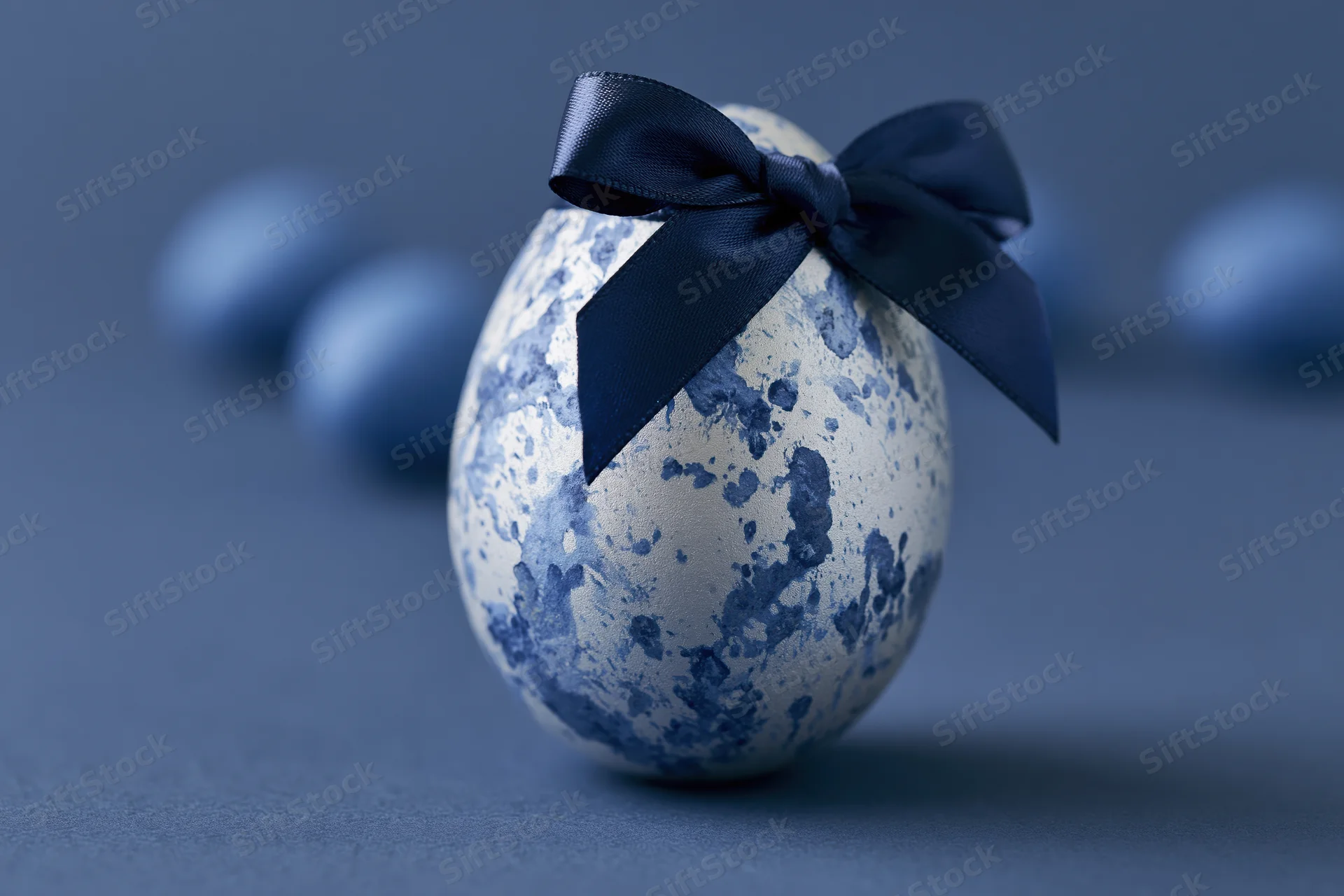 Silver easter egg with blue marbled paint splatters tied with a dark blue satin ribbon on a blue surface