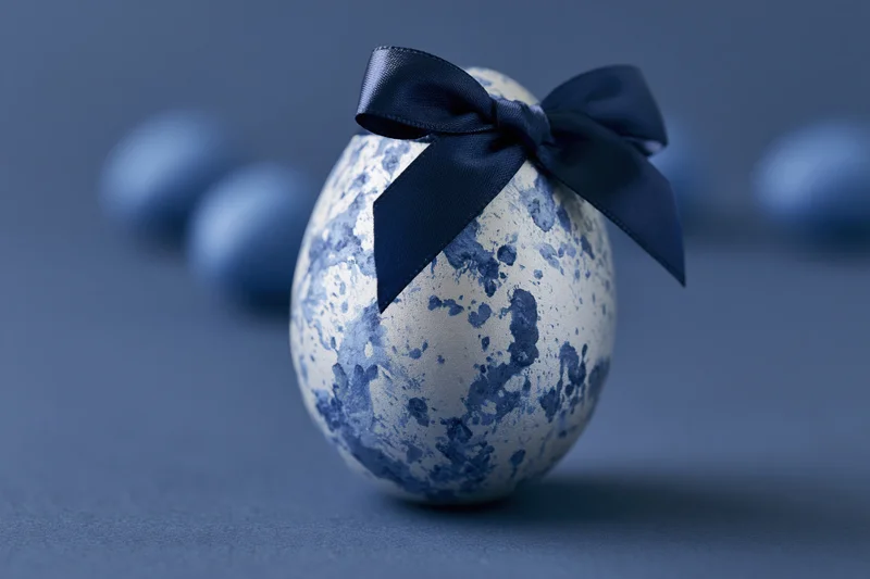 Silver easter egg with blue marbled paint splatters tied with a dark blue satin ribbon on a blue surface