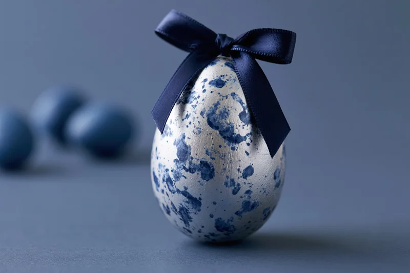 Silver easter egg with blue marbled paint splatters tied with navy ribbon on gray surface