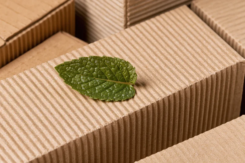 Fresh mint leaf resting on edge of corrugated cardboard box among stacked packages