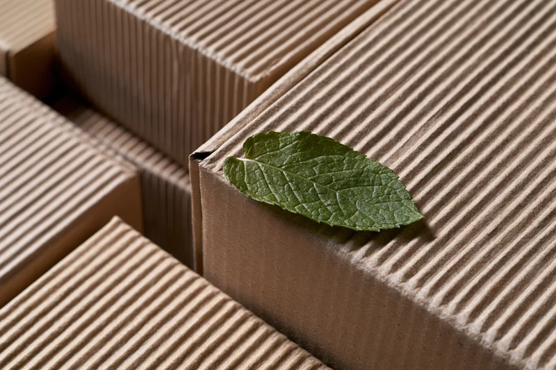 A fresh green mint leaf resting on the edge of a corrugated cardboard box among stacked packages