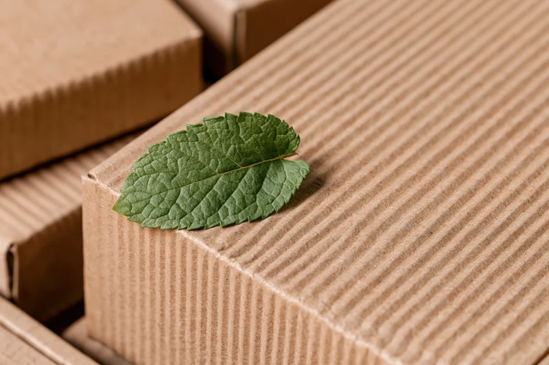 A fresh green mint leaf resting on the edge of a brown corrugated cardboard box among stacked packages