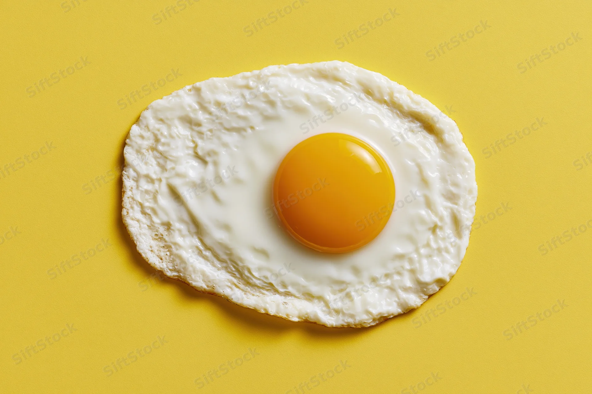 Single fried egg viewed from above centered on yellow background