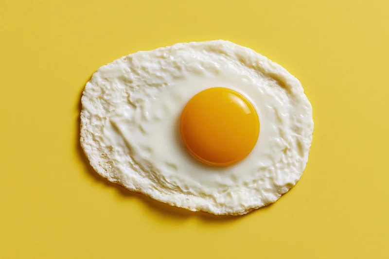 Single fried egg viewed from above centered on yellow background