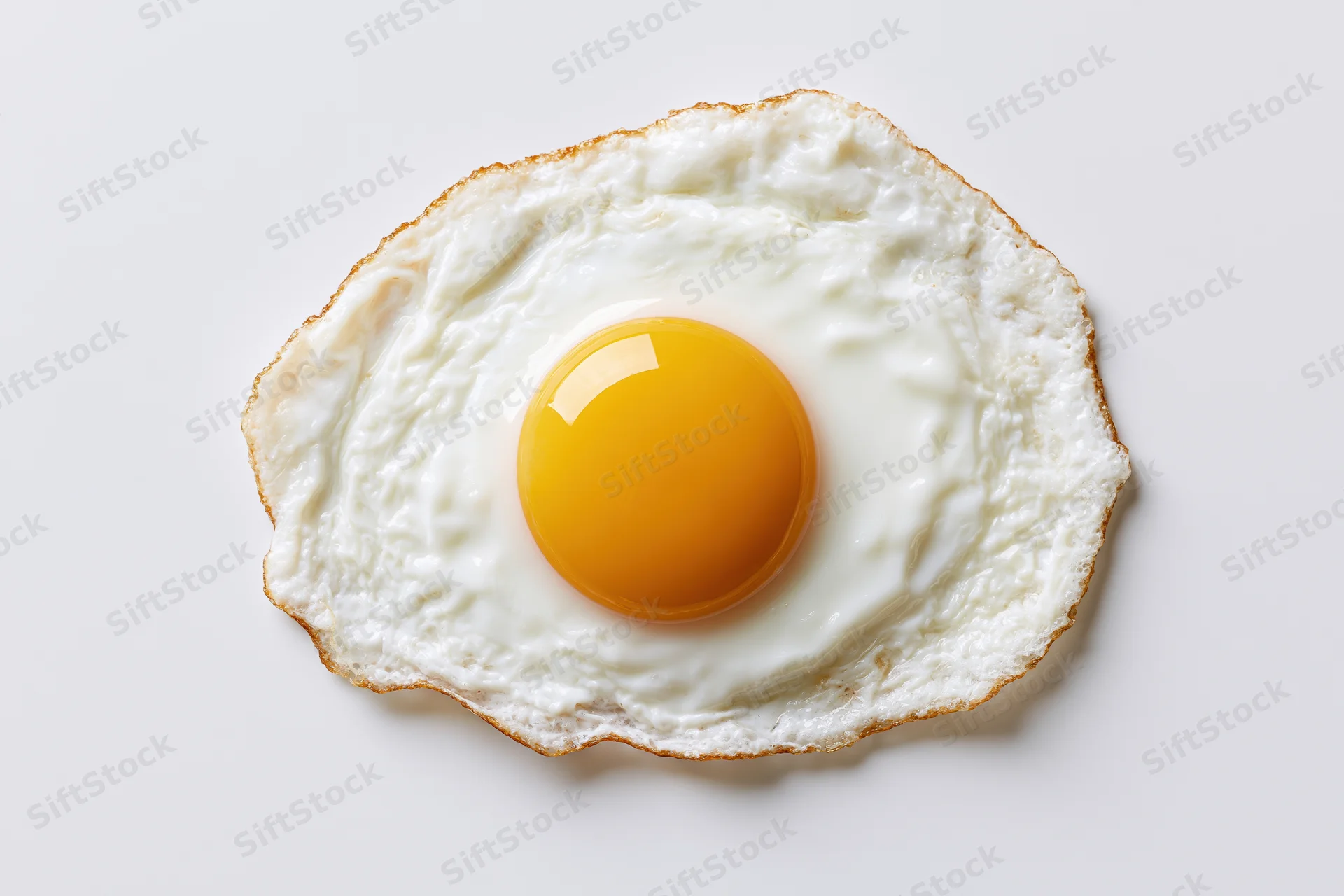 Single fried egg sunny side up overhead view on white background