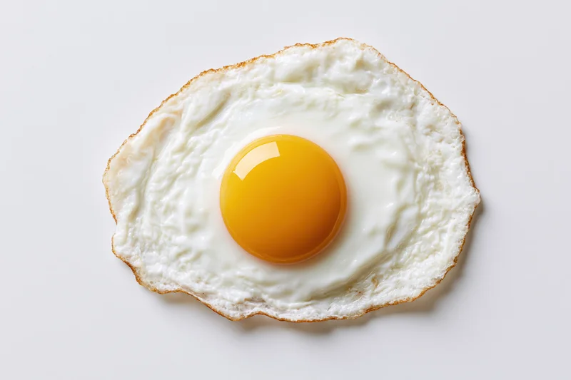 Single fried egg sunny side up overhead view on white background