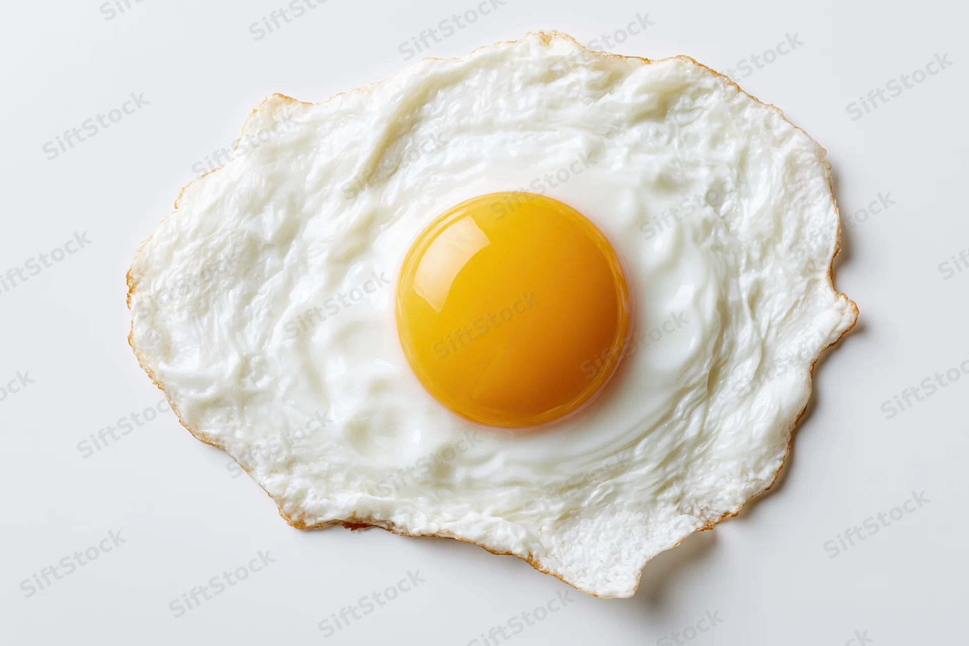 Single fried egg sunny side up on white surface overhead view