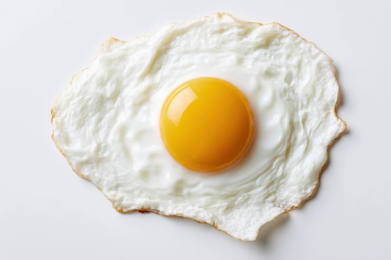 Single fried egg sunny side up on white surface overhead view