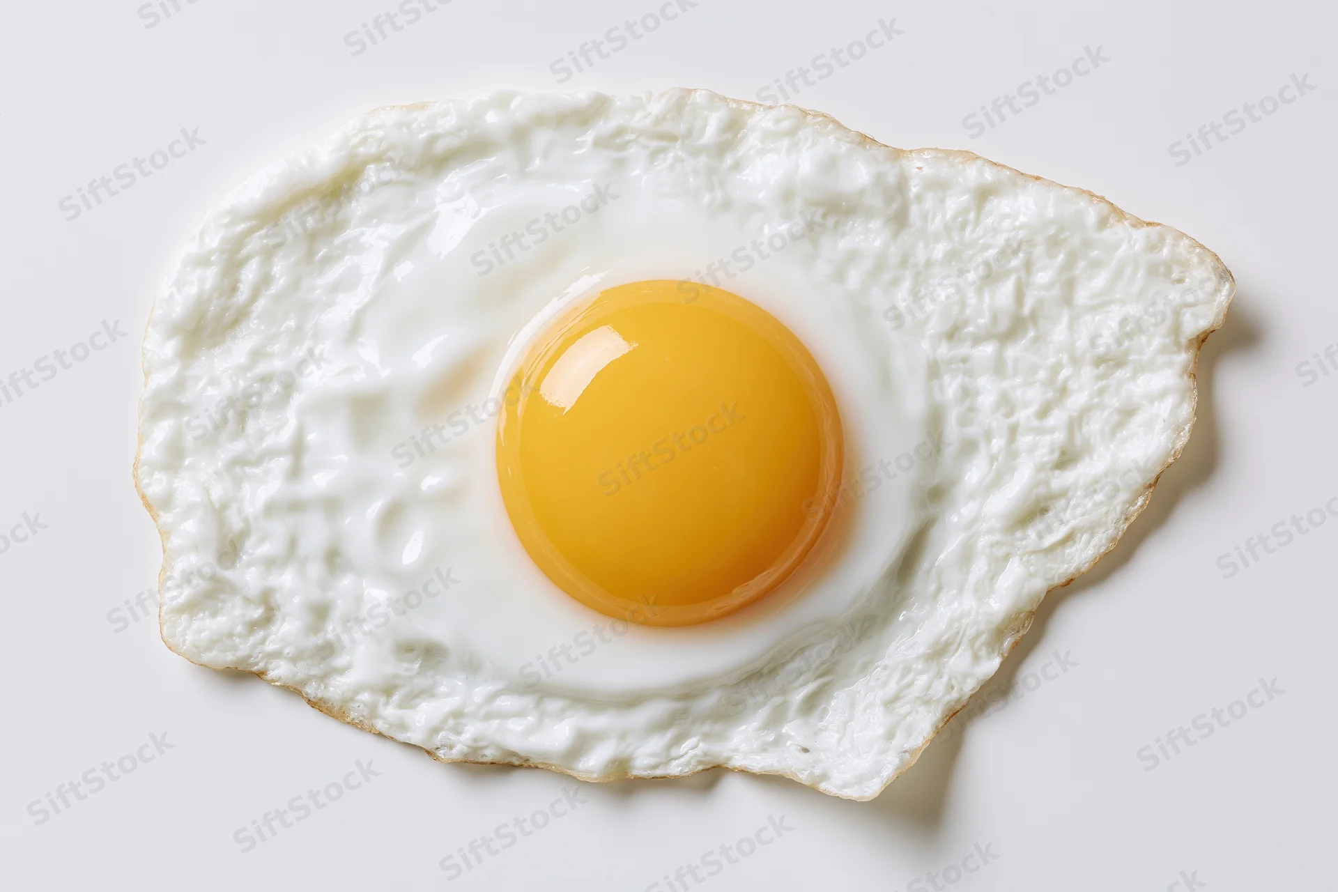 Single fried egg sunny side up on white surface overhead view