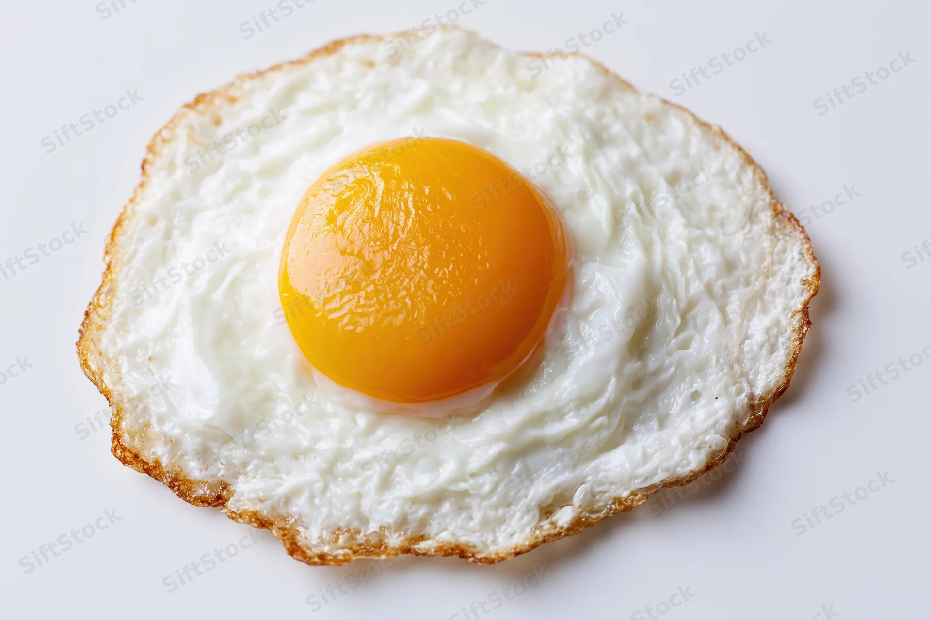 Single fried egg sunny-side up on plain white surface