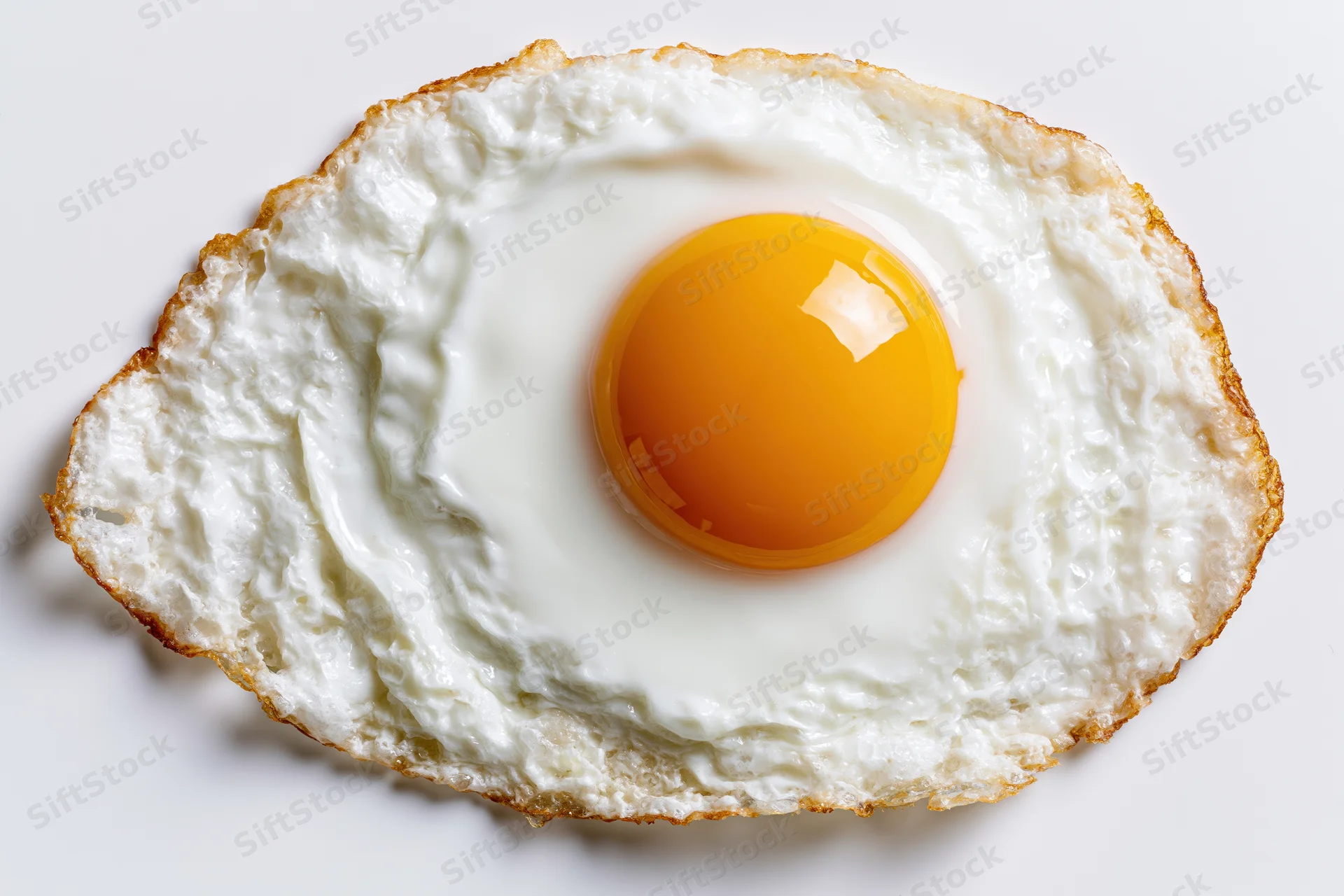 Single fried egg sunny-side up on plain white surface