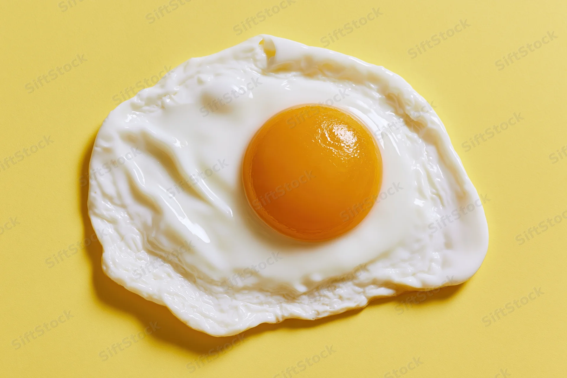 Single fried egg with domed orange-yellow yolk centered on yellow background