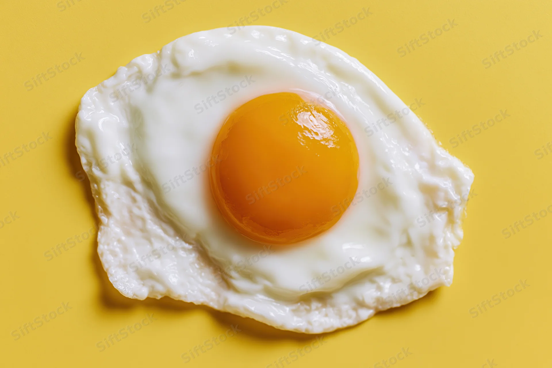Single fried egg with domed orange-yellow yolk centered on yellow background