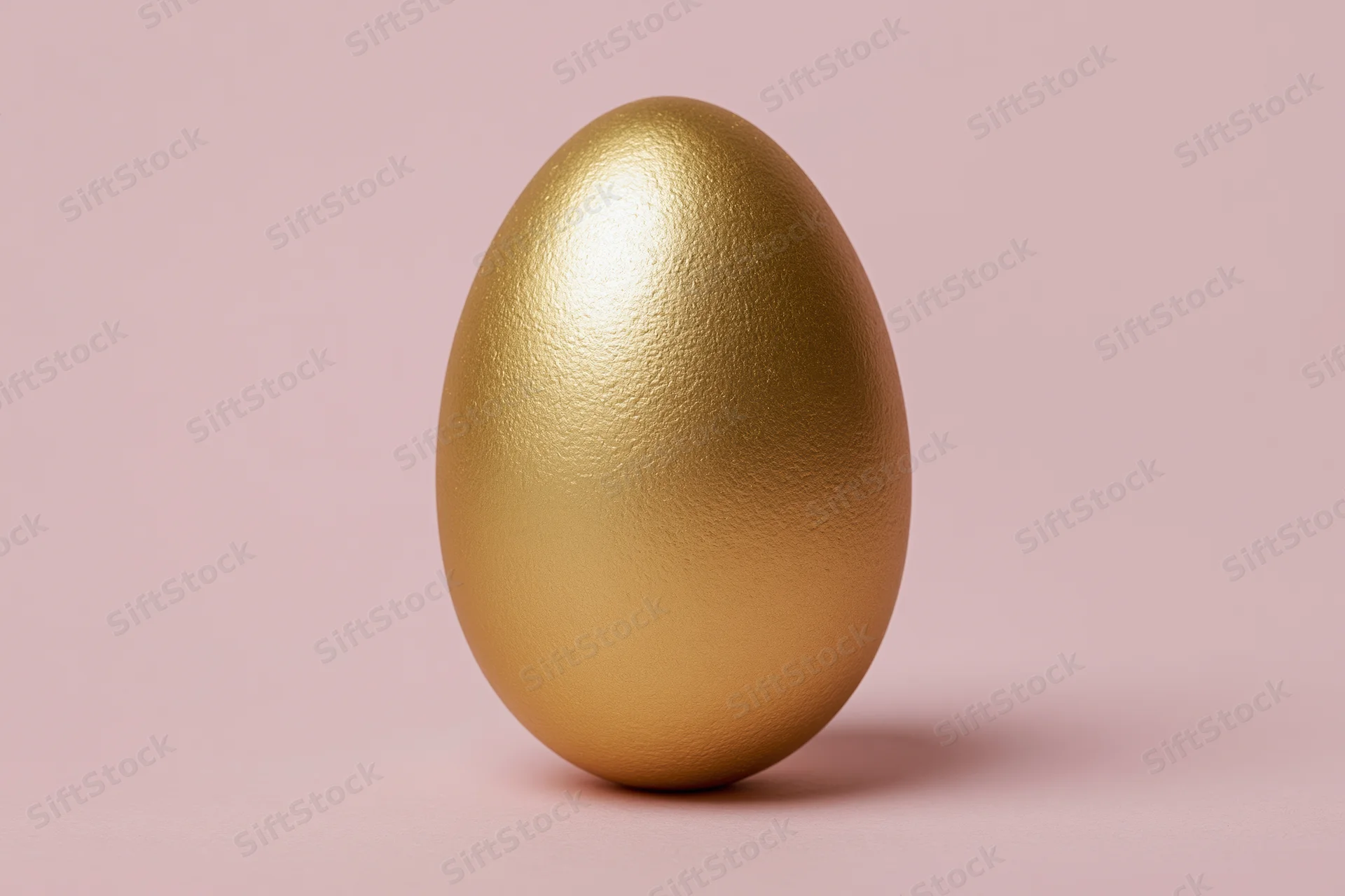Single golden painted egg standing upright centered against a pink background