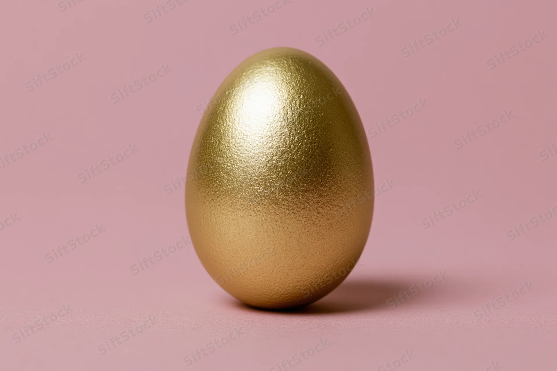 Single golden painted egg standing upright centered on pink background