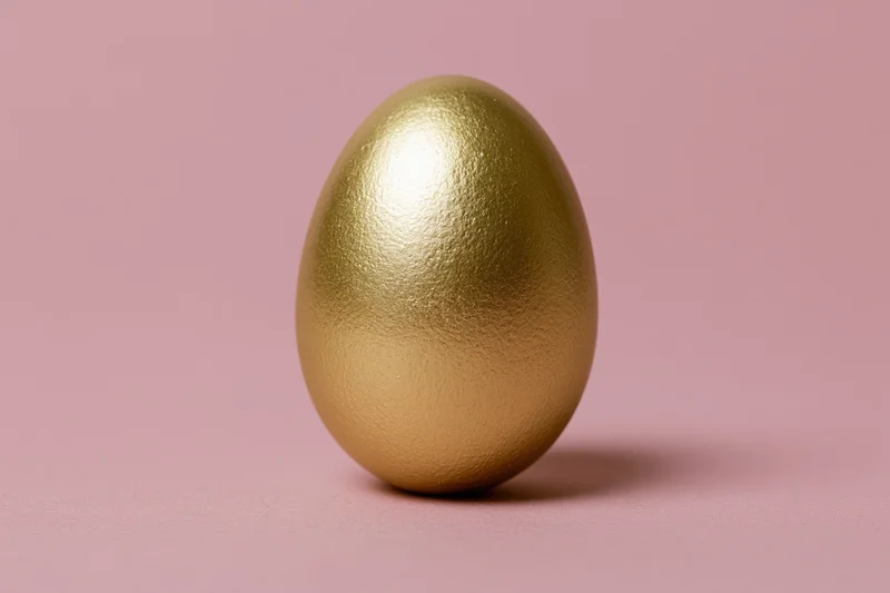 Single golden painted egg standing upright centered on pink background