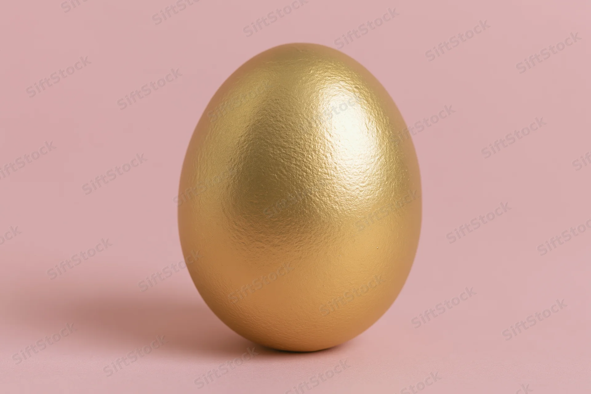 Golden painted egg standing upright centered on a pink background