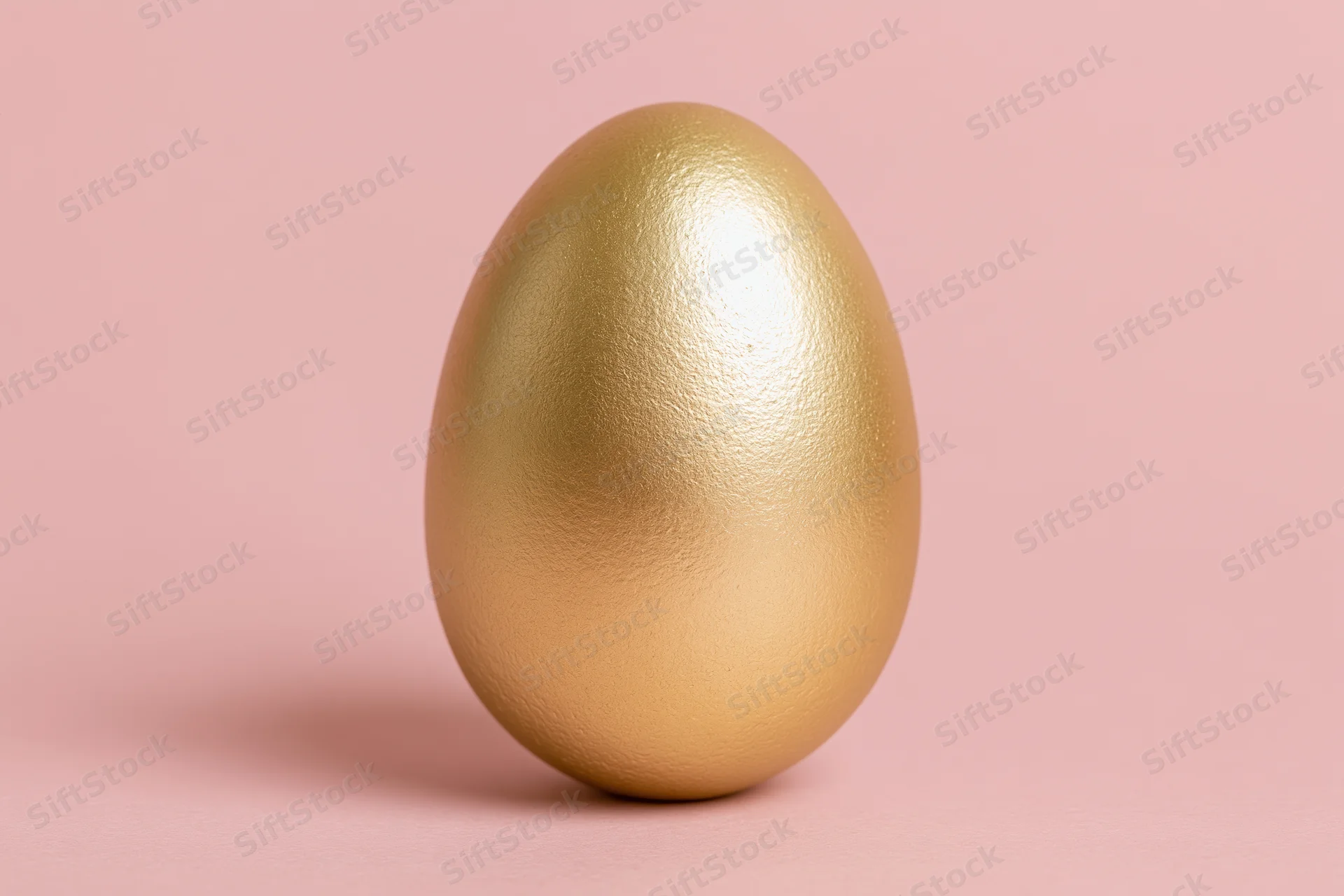 Single golden painted egg standing upright centered against a pink background