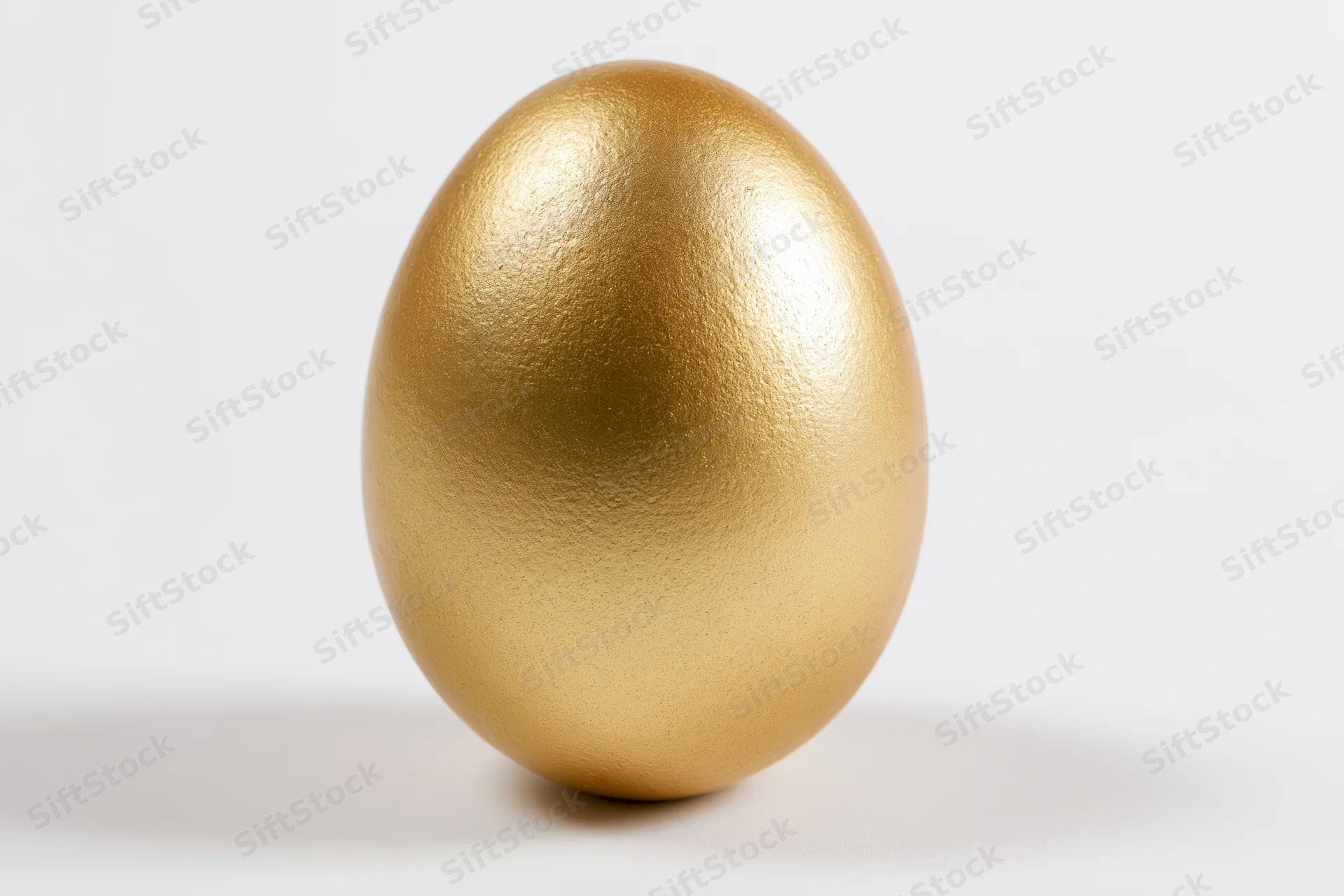Single gold-painted egg standing upright centered against a white background
