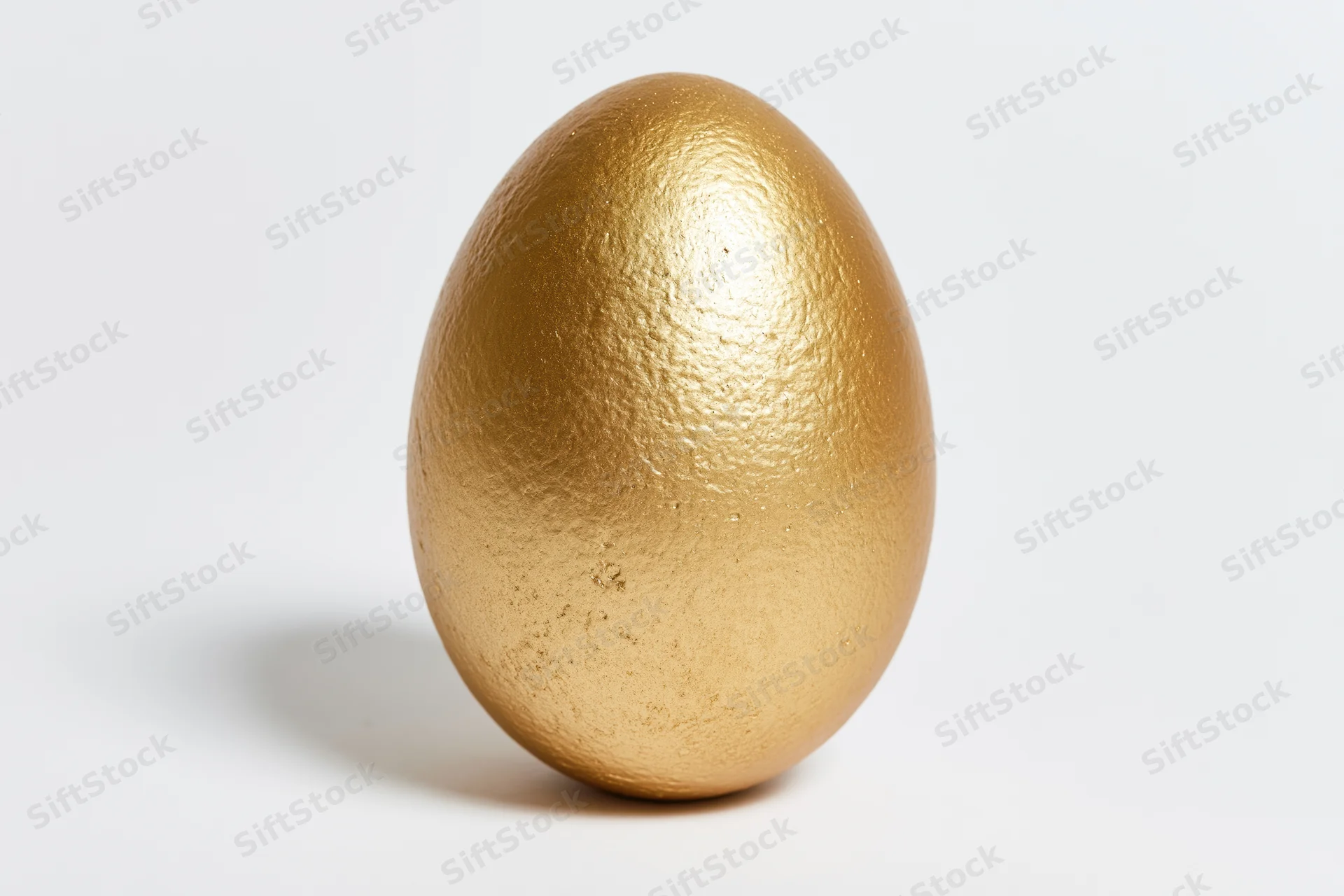 Single gold-painted egg standing upright on white surface