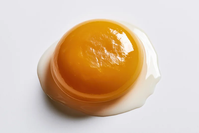 Raw egg yolk resting on white surface with surrounding egg white
