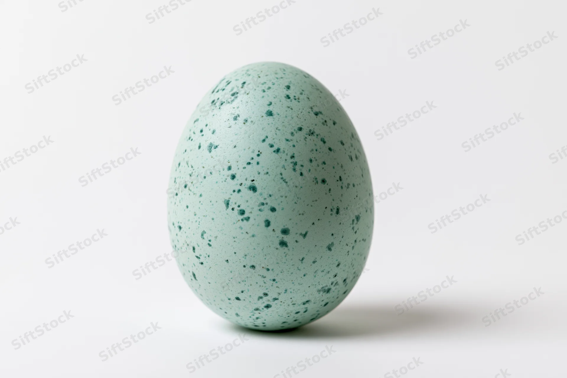 A single robin's egg standing upright centered in frame against a white background