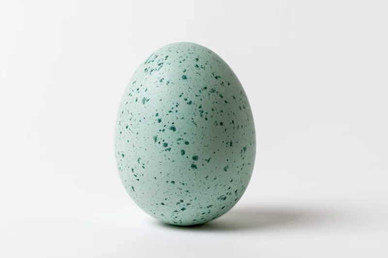 A single robin's egg standing upright centered in frame against a white background