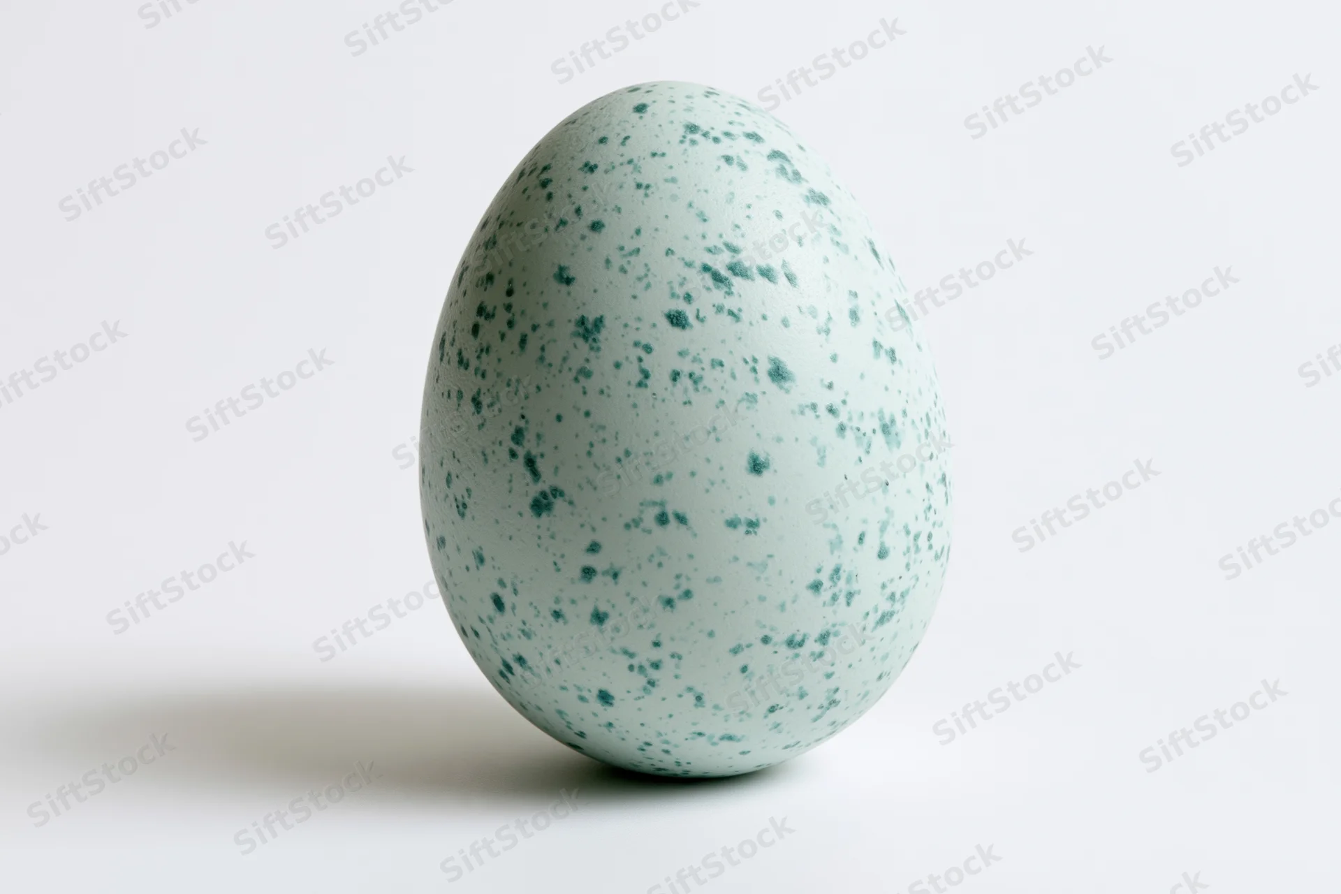 A single robin's egg standing upright centered in frame against a white background