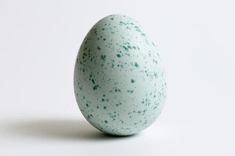 A single robin's egg standing upright centered in frame against a white background