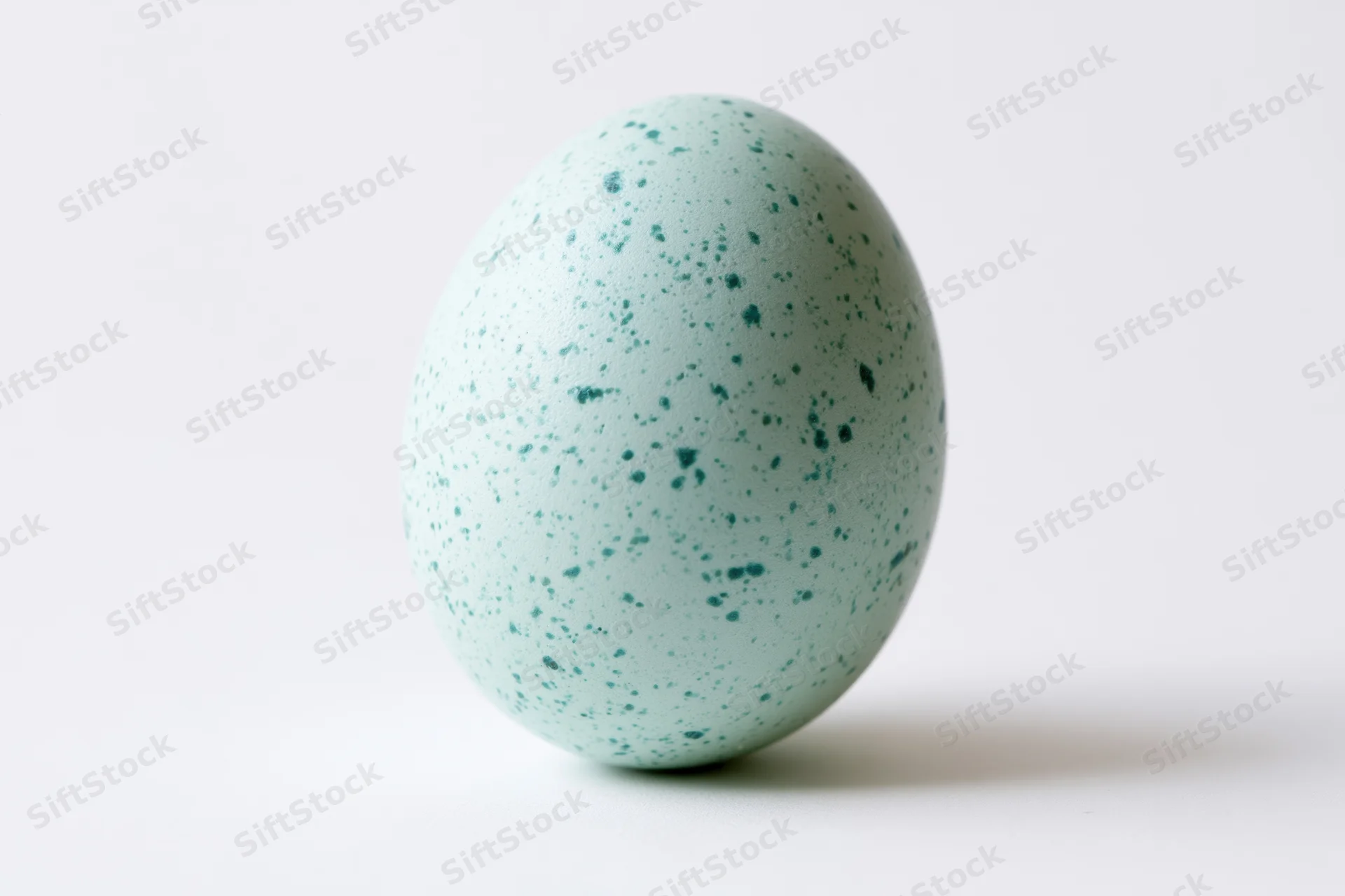 A single robin's egg standing upright centered in frame against a white background