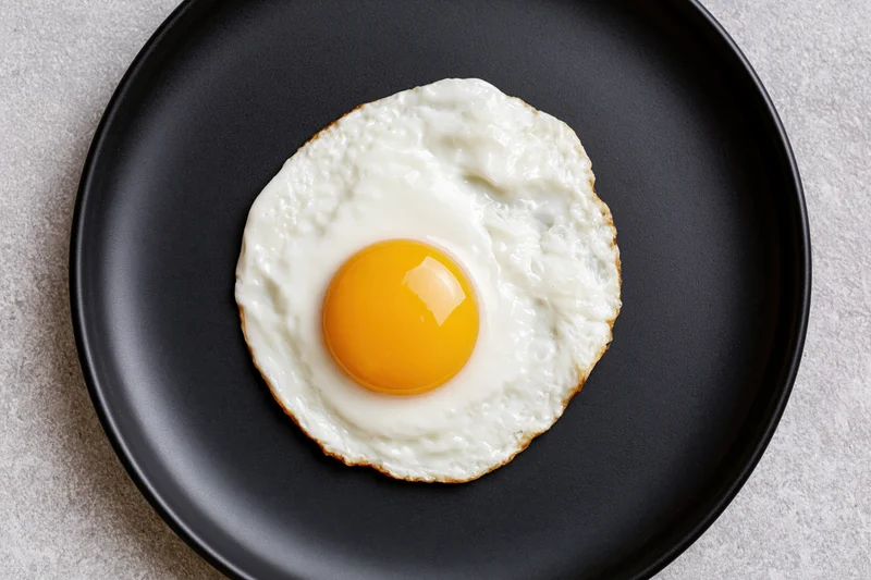 Sunny-side-up fried egg with golden yolk on black plate