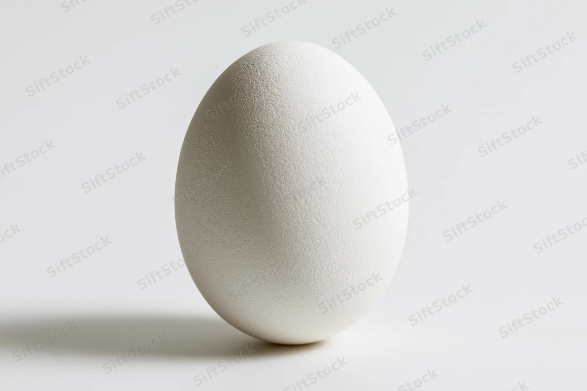 Single white chicken egg standing upright on a pure white surface