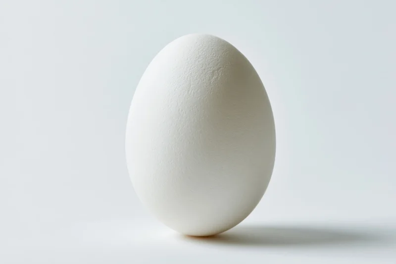 Single white chicken egg standing upright on a plain white surface