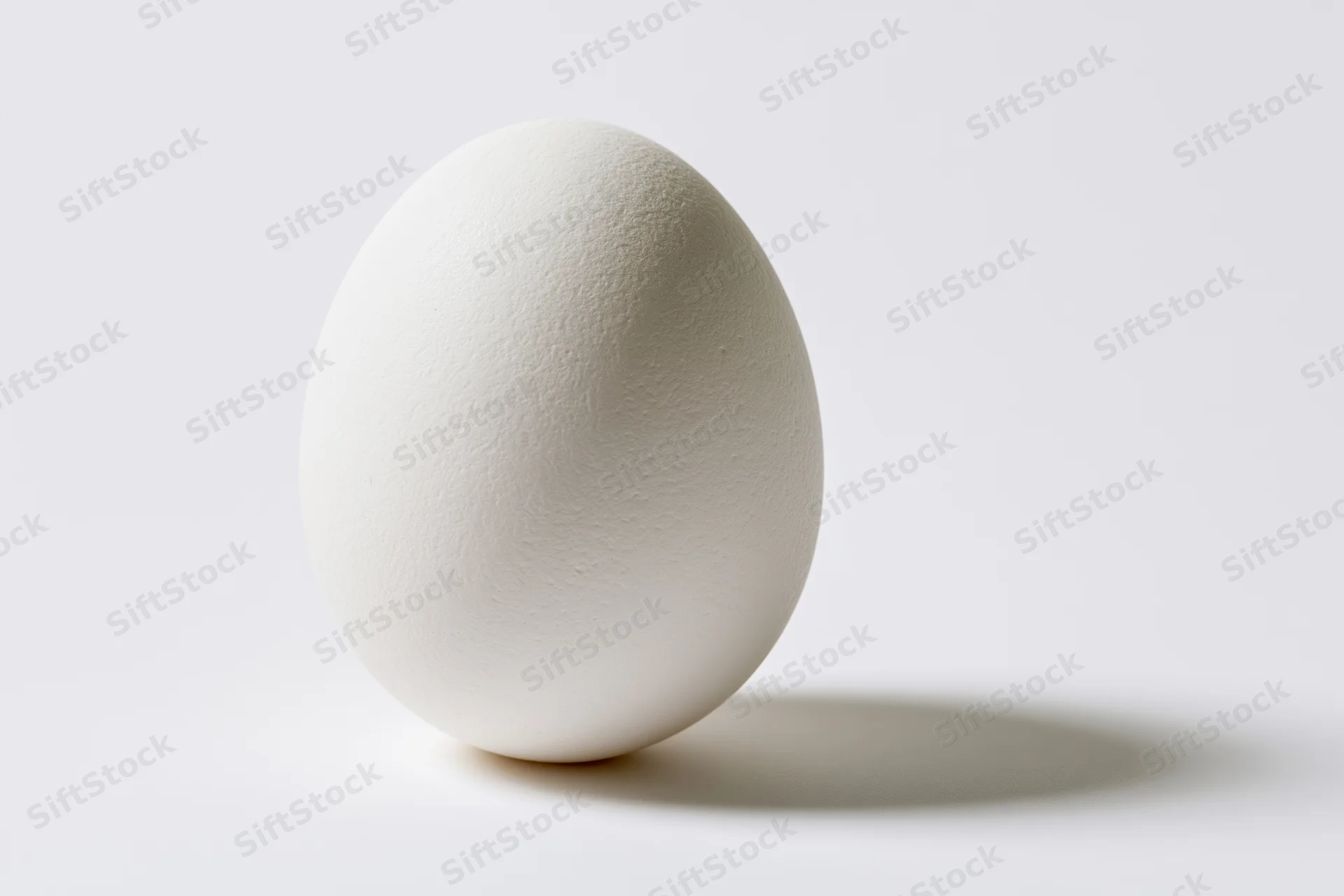 Single white chicken egg standing upright on a pure white surface