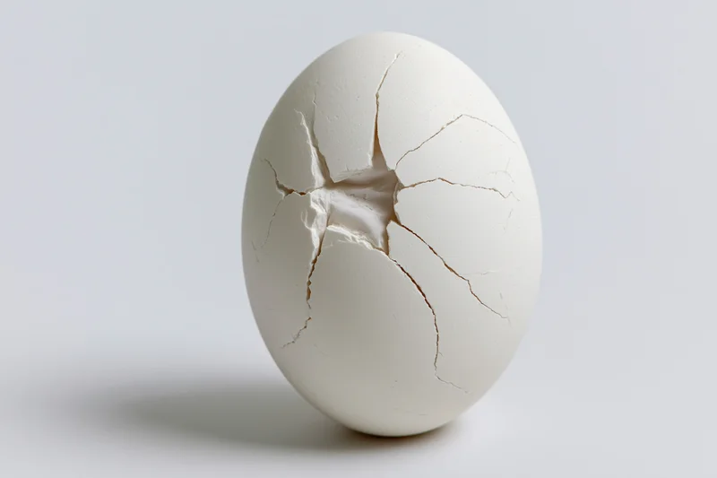 Single white chicken egg standing upright with cracked shell on plain white background