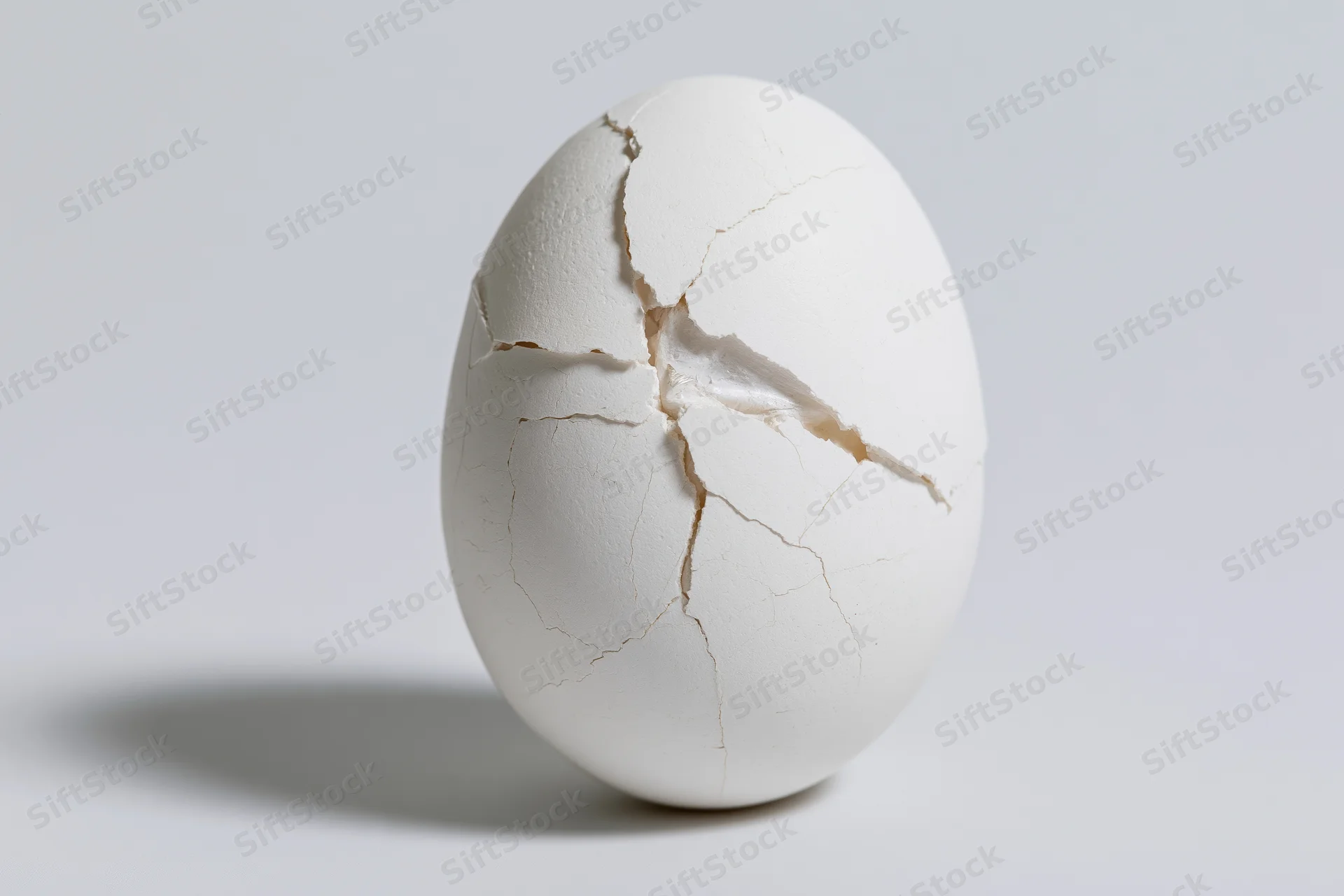 Single white chicken egg standing upright with cracked shell on plain white surface