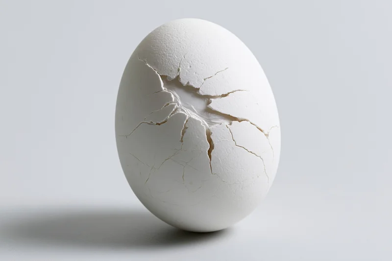 Single white chicken egg standing upright with cracked shell on plain surface