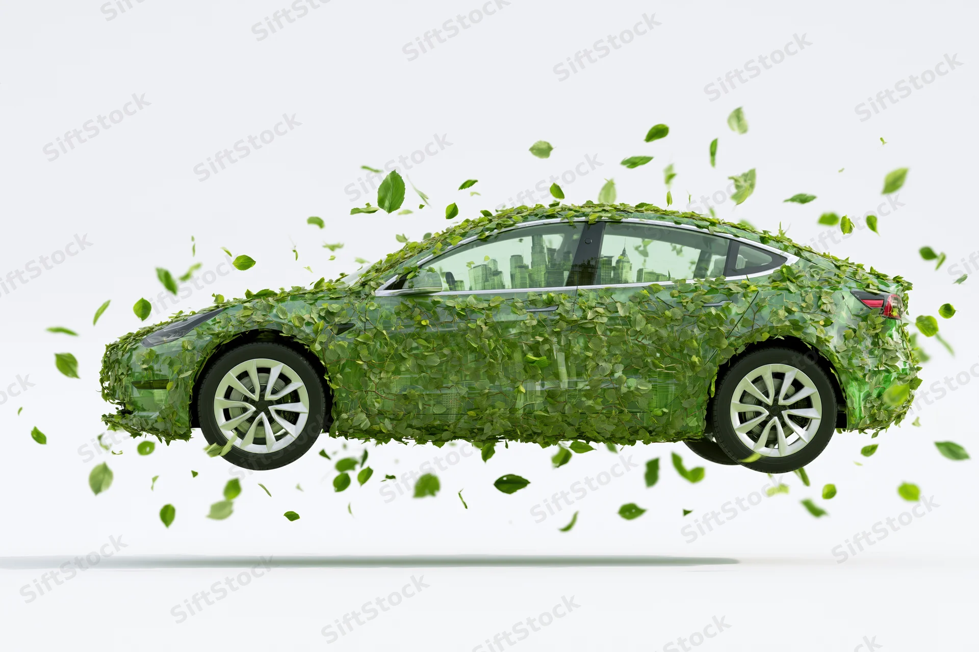 Electric sedan covered in green vines with floating leaves against white background