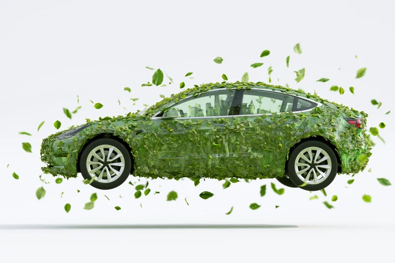 Electric sedan covered in green vines with floating leaves against white background