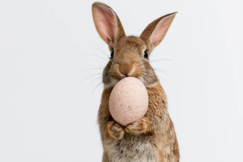 Brown rabbit standing upright holding a speckled pink egg against white background