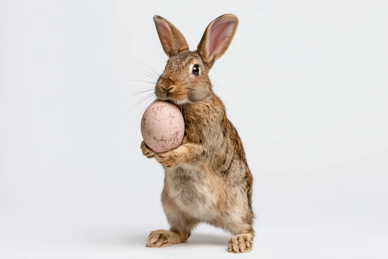 Brown rabbit standing upright holding a speckled pink egg against white background