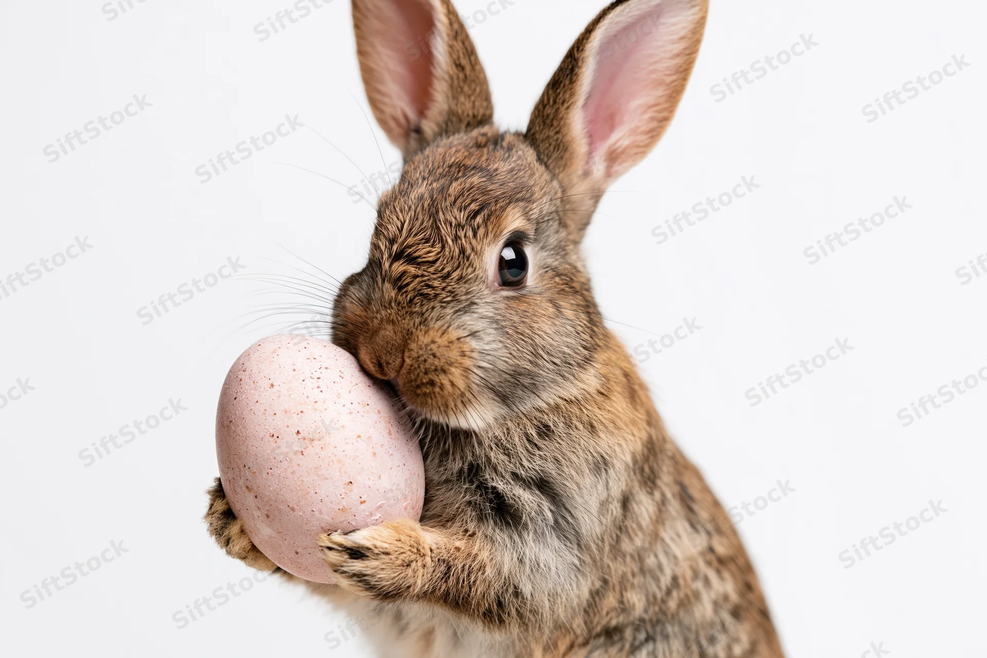 Small brown rabbit standing upright holding a pale pink speckled egg against white background