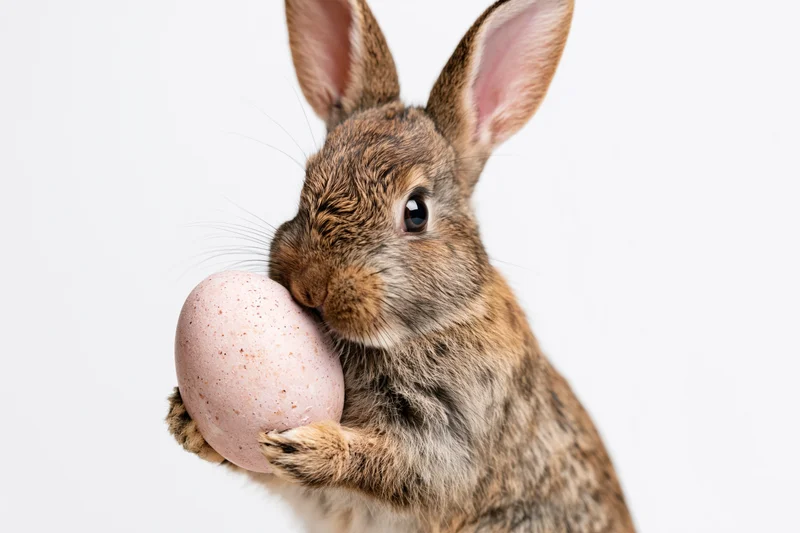 Small brown rabbit standing upright holding a pale pink speckled egg against white background