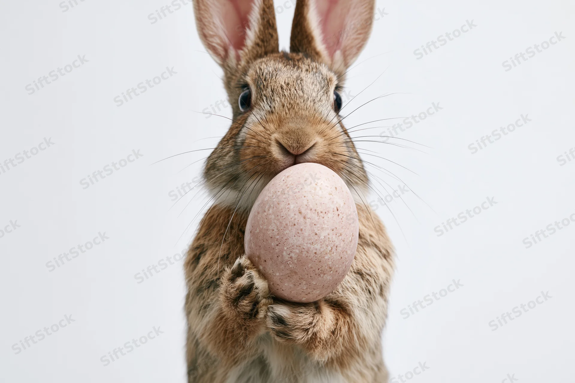 Brown rabbit standing upright holding a speckled pink egg against white background