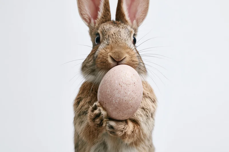Brown rabbit standing upright holding a speckled pink egg against white background