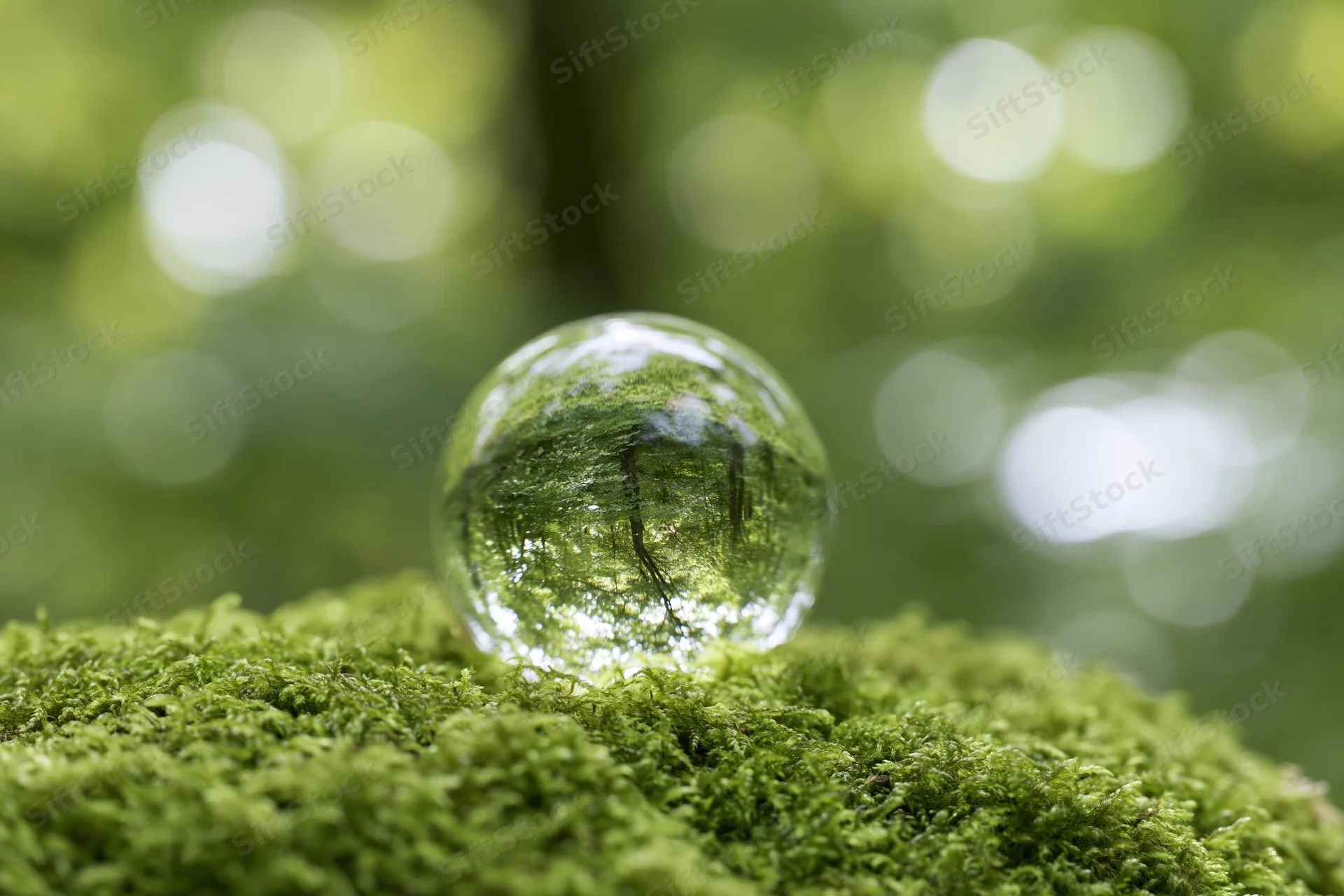 Clear glass sphere resting on vibrant green moss in a sunlit forest with blurred foliage background
