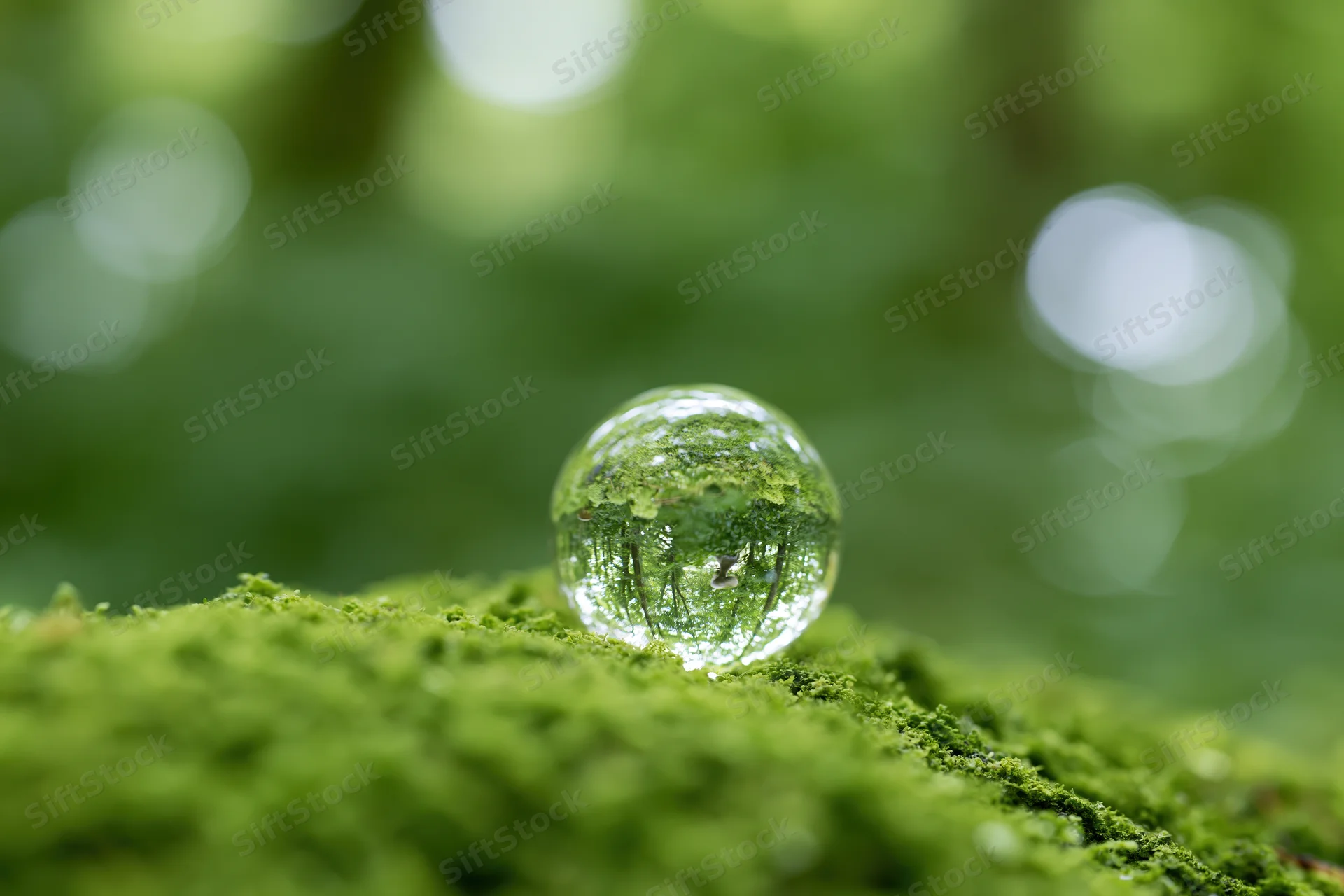 Clear glass sphere resting on vibrant green moss in a forest setting with blurred natural background