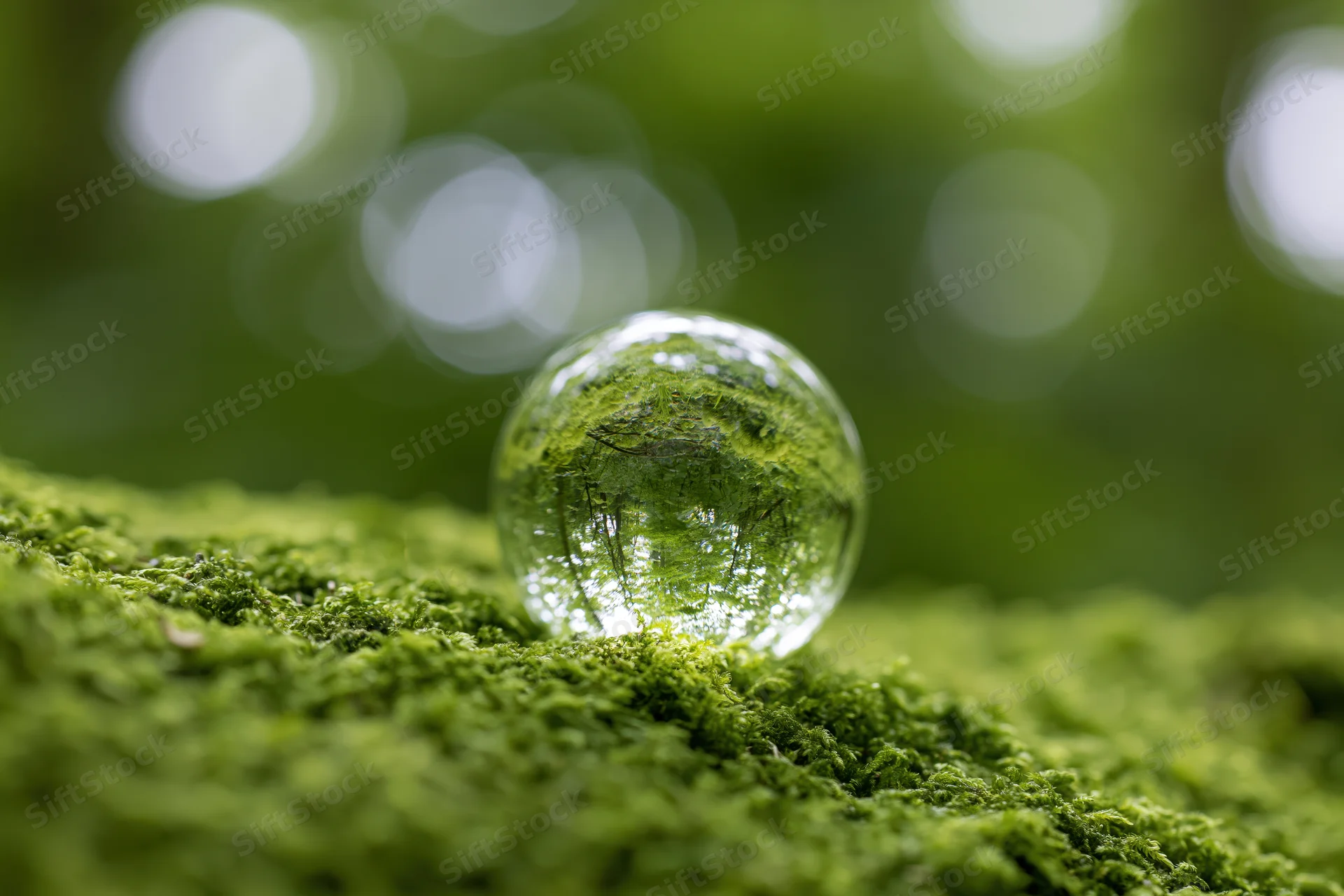 Clear glass sphere resting on vibrant green moss in a forest setting with blurred natural background